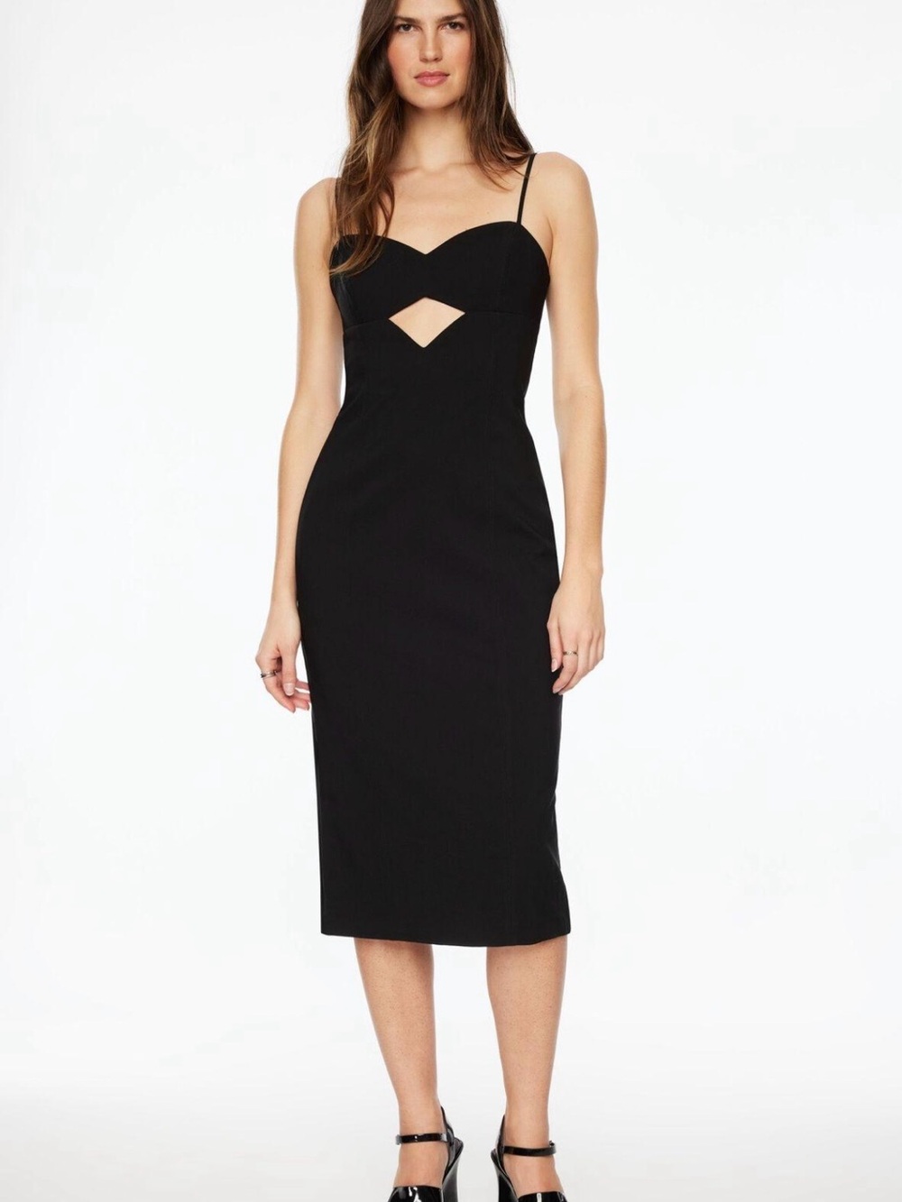 Black Spaghetti-Strap Midi Dress with Cutout